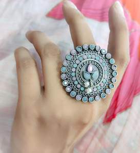 Bague réglable en laiton argenté antique Bijoux en argent plaqué Réplicaa Stone Work Bagues de taille libre pour filles - Product Image 1