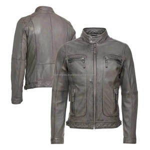 Chaqueta de Cuero Gris Desgastado de Moda para Hombre, Cuello Mao, Cinturón Ajustable, Bolsillos con Cremallera, Estilo Urbano para Invierno - Product Image 3