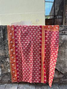 Reversible Cotton Kantha <b>Quilt</b> – Hand Stitched Indian <b>Bedspread</b> with Traditional Block Print Design - Product Image 3