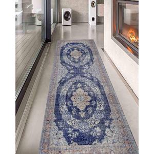 พรมอูชักสีน้ำเงินกรมท่าแบบตุรกี: พรมพิมพ์ลายชนเผ่าสีซีดจาง พรมเนื้อนุ่มแบบไม่ทอ - Product Image 4