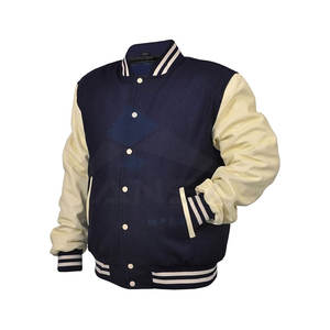 Veste universitaire pour homme de haute qualité, manches en cuir, corps en laine mélangée, bordure côtelée, doublure légère et chaude, bleu marine crème - Product Image 2