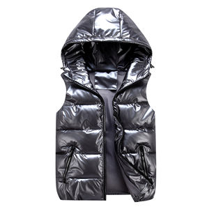Chaleco acolchado brillante sin mangas de invierno para hombre, chaqueta con capucha, logotipo personalizado, impermeable, brillante, con cierre de cremallera de burbuja, Material de tela - Product Image 4