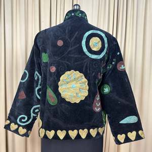 Boho Chic Retro Chic Women's Free Size Coat Hand Embroidered Black Floral Velvet Suzani Jacket with Open Front <b>Winter</b> Wear Robe - Product Image 2