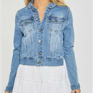 Chaqueta Vaquera de Mezclilla para Mujer, Estilo Moderno, con Cuello, Personalizable, Color Azul Claro Lavado, Informal, en Oferta - Product Image 1