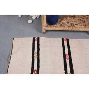 Alfombra Turca Pequeña de 1.7x3.3 pies, Alfombra de Lana Vintage Kilim Beige con Diseño Floral - Product Image 4