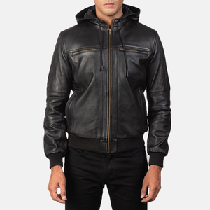 Veste à capuche en tricot côtelé pour hommes High Street Winter Bomber noir en cuir avec col zippé 4 poches style bouncer-100% coton - Product Image 1
