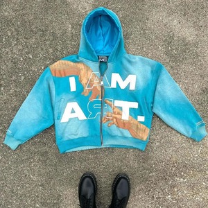 Sudadera con capucha y cremallera personalizada al por mayor Sudadera corta con estampado gráfico azul chaqueta con capucha de lana para hombre - Product Image 1