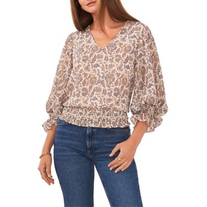 Camicetta Bohemien Avorio Marrone con Stampa Floreale Vintage in Chiffon Intrecciato e Tessuto Lavorato a Maglia, Vestibilità Ampia, Top da Donna XL L per Primavera Autunno - Product Image 3