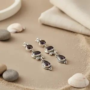 Boucles d'oreilles pendantes en argent 925 avec améthyste pour femmes - Product Image 3