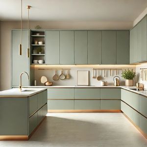 Diseño de Cocina Modular Moderna en Forma de L con Acabado Gris Mate, Detalles en Madera, Almacenamiento Inteligente y Estilo Interior Contemporáneo - Product Image 1