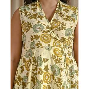 Vestido informal de algodón estampado color crema mostaza, transpirable, con cintura natural, diseño personalizado para el día a día, ideal para el verano. - Product Image 2