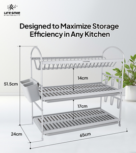 LIFE SMILE Estante para platos de aluminio de 3 niveles de alta calidad Utensilios de cocina Estante de secado con alambre Organizador de soporte de vidrio de tres capas - Product Image 3