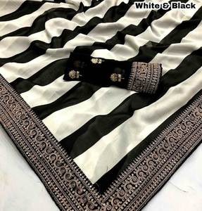 Black & White Color Combination Bollywood Inspired 5.5 MTR Length Trendy Faux Fur Saree Blouse Piece for Party Wholesale - Product Image 5