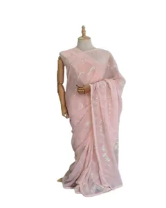 Saree en fausse georgette de style indien et pakistanais pour femmes et filles vêtements ethniques indiens vêtements de mariage fantaisie Style Bollywood \