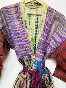 มัดย้อม, เสื้อคลุมกิโมโนสั้น, เสื้อคลุมผ้าไหมบริสุทธิ์, เสื้อคลุมผ้าไหมมัดย้อม, เสื้อคลุมผ้าไหมผู้หญิง, กิโมโนย้อมมือผูก, กิโมโนหลากสี - Product Image 4