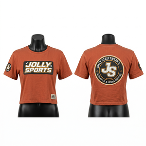 Women 220 GSM Cotton Jersey Crop <b>Top</b> T Shirt <b>Rust</b> Color Puff Print Custom Logo 100% Cotton Breathable Crop <b>Top</b> Shirt - Product Image 1
