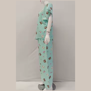 Pyjama élégant en rayonne pour l'été Vêtements de nuit à col en V avec fermeture à taille élastique Pantalon long et manches courtes pour le printemps - Product Image 5