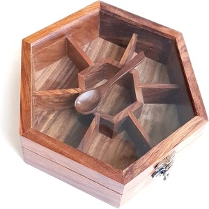 Hexagonal 7-Compartment Spice-Fit Box Wooden Storage 70ml Condiments Filled <b>Jars</b> Including Spoon for Organizing Spices - Product Image 4