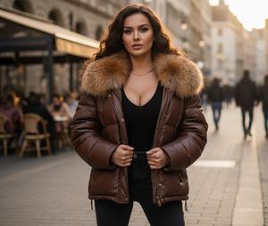 Veste en cuir matelassée à carreaux pour femmes avec col en fourrure de renard et fermeture éclair, coupe-vent d'hiver, streetwear - Product Image 2