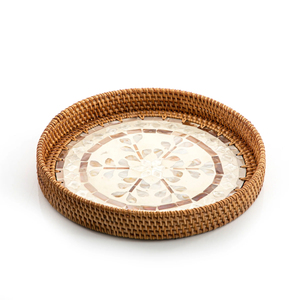 Modern <b>Round</b> Rattan Serving <b>Tray</b> With Grey Chic Design Designer Pattern Ideal For Coffee <b>Table</b> Decor And Serving - Product Image 3