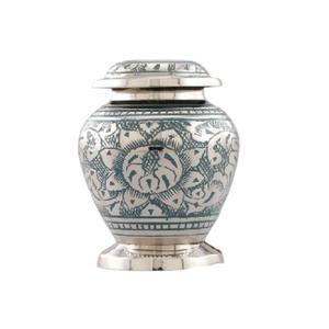 Urnas de recuerdo de cremación de latón de alta calidad con grabado de flores Peltre y color verde azulado acabado para cenizas humanas-Suministro funerario - Product Image 1