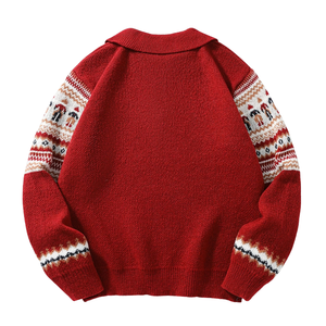 <b>Men's</b> Red Knit <b>Jumper</b> White Geometric Print Casual Autumn/<b>Winter</b> Anti-Pilling Polyester Zipper Closure Full Sleeve - Product Image 2