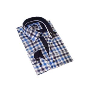 Camisa de hombre de manga larga ajustada de algodón con estampado cuadrado azul marino azul blanco - Product Image 2