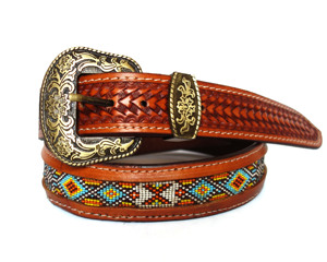 Cinturones de piel auténtica de vaca unisex, longitud personalizada, hebilla de latón con cuentas hechas a mano, estilo occidental, incluye logotipo personalizado - Product Image 1