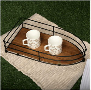 Bandeja de madera marrón estilo barco artesanal con valla de hierro elegante plato para servir té y café para decoración del hogar y organizador - Product Image 2
