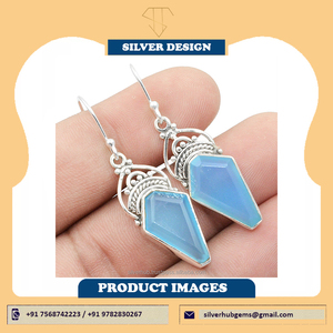 Blue Chalcedony Dangle <b>Drop</b> <b>Earring</b> Gemstone Sterling <b>Silver</b> Gold Plated Fancy Design Dangle <b>Drop</b> <b>Earring</b> Wholesale Fine <b>Earring</b> - Product Image 6