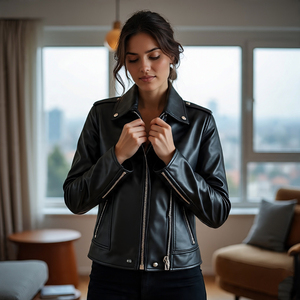 Ropa deportiva para mujer Chaquetas recortadas de cuero genuino con cremallera para motorista | Chaqueta de cuero pesado con cuello vuelto de piel de oveja para mujer - Product Image 1