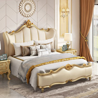 Lit en bois massif sculpté de style européen, luxueux, avec revêtement en cuir véritable, lit moelleux pour chambre de villa, lit king size, lits en bois.