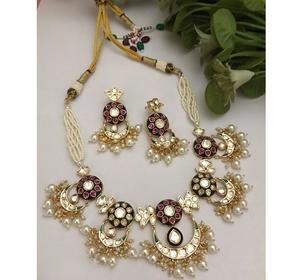 Ensemble de collier et boucles d'oreilles de qualité supérieure, plaqué or, style Kundan Polki, pour collection de mariage, pour femmes - Product Image 2