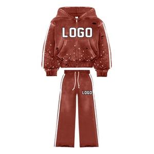 Ensemble de survêtement évasé avec logo personnalisé Sweat à capuche vieilli avec strass et lavage à l'acide et pantalon à jambes larges Streetwear Sportswear - Product Image 2
