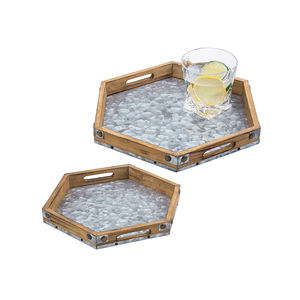 Bandeja de Servicio Rústica de Madera y Metal Galvanizado con Asas, Bandeja Otomana Cuadrada Decorativa, Bandeja Grande de Madera para Servir Alimentos y Café - Product Image 6