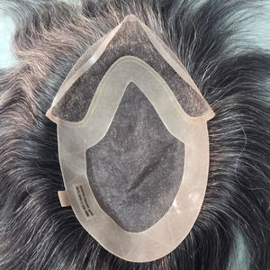 Taz Hair BD Fusion Perruque toupet en cheveux humains Remy à trame nouée à la main, base en dentelle frontale, couleur mixte 1B, patchs capillaires gris, prothèse capillaire - Product Image 1