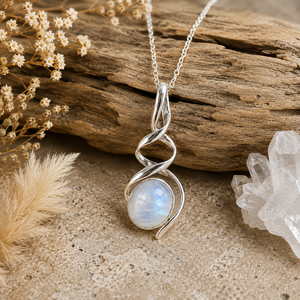 Luna Flow Oval Rainbow Moonstone Necklace White Gemstone Organic Double Helix Design 925 Sterling Silver June Birthstone Helix - Product Image 1