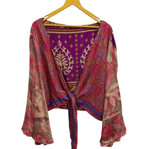 Vestido corto de seda con parte superior de tamaño libre, Top cruzado de tela Sari vintage, Top bohemio con estampado floral - Product Image 1