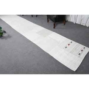 Alfombra Turca de 3x17.9 pies, Alfombra Marroquí Vintage de Lana Blanca y Azul - Product Image 1