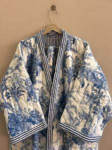 Bata Kimono Larga Acolchada de Algodón, Kimono Acolchado Estampado Hecho a Mano, Bata de Baño Unisex - Product Image 3