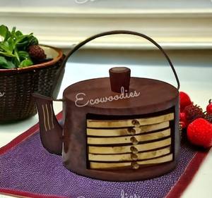 Handmade Wooden Tea <b>Coffee</b> Round Wooden Coaster Set of 6 With Kattle Shape Brass & Wood <b>Stand</b> Elegant Handicraft Dinnerware - Product Image 4