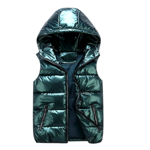 Chaleco acolchado brillante sin mangas de invierno, chaqueta con logotipo personalizado, chalecos impermeables de burbujas brillantes para hombre con capucha - Product Image 3