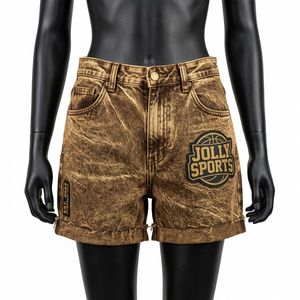 Shorts de mezclilla para hombre y mujer, color marrón, con lavado ácido, estilo urbano, de algodón grueso, con dobladillo enrollado, logotipo estampado vintage, lavado ácido. - Product Image 6