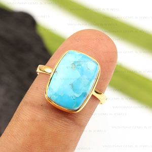 Trendy 925 Sterling <b>Silver</b> 18K Gold Plated Eternity Vermeil Accent Jewelry Arizona Turquoise Gemstone Ring 10x14mm Cushion Shape - Product Image 4