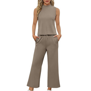 Women’s Two Piece Lounge Set Sleeveless Mock Neck Top Wide Leg Pants Casual Matching Set Soft Knit Athleisure <b>Tracksuit</b> Suit - Product Image 6
