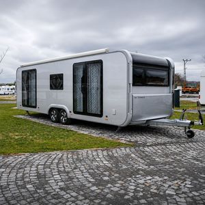 Modern Gray Aluminum Travel Trailer Caravan with Slide Out <b>Kitchen</b> 4 Person Capacity Comfortable RV for <b>Camping</b> - Product Image 1