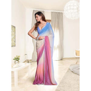 Elegante Saree de Chifón de Seda Multicolor en Tonos Pastel con Mangas de Tirantes Finos y Silueta Ajustada para Mujer en Pakistán - Product Image 4