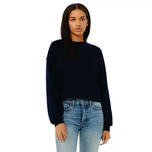 Bound Neck 52% Airlume Combed and Ring Spun Cotton 48% Poly Fleece Navy Womens Raglan Sleeve Pullover Fleece Crop Sweater