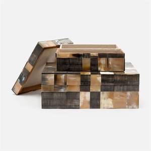 Juego de 2 cajas de joyería con patrón geométrico Beige de alta calidad, trabajo único con incrustaciones de hueso con acabado pulido para almacenamiento de joyas - Product Image 3