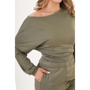 Blusa caqui LUSTRIN para mujer, de tela fina, con manga murciélago y cuello en V - Top informal elegante de ajuste holgado para venta al por mayor - Product Image 2